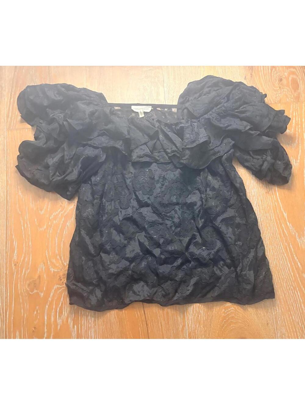 Rebecca Taylor Black Puff Sleeve Lace Silk Blend Top Size 6
